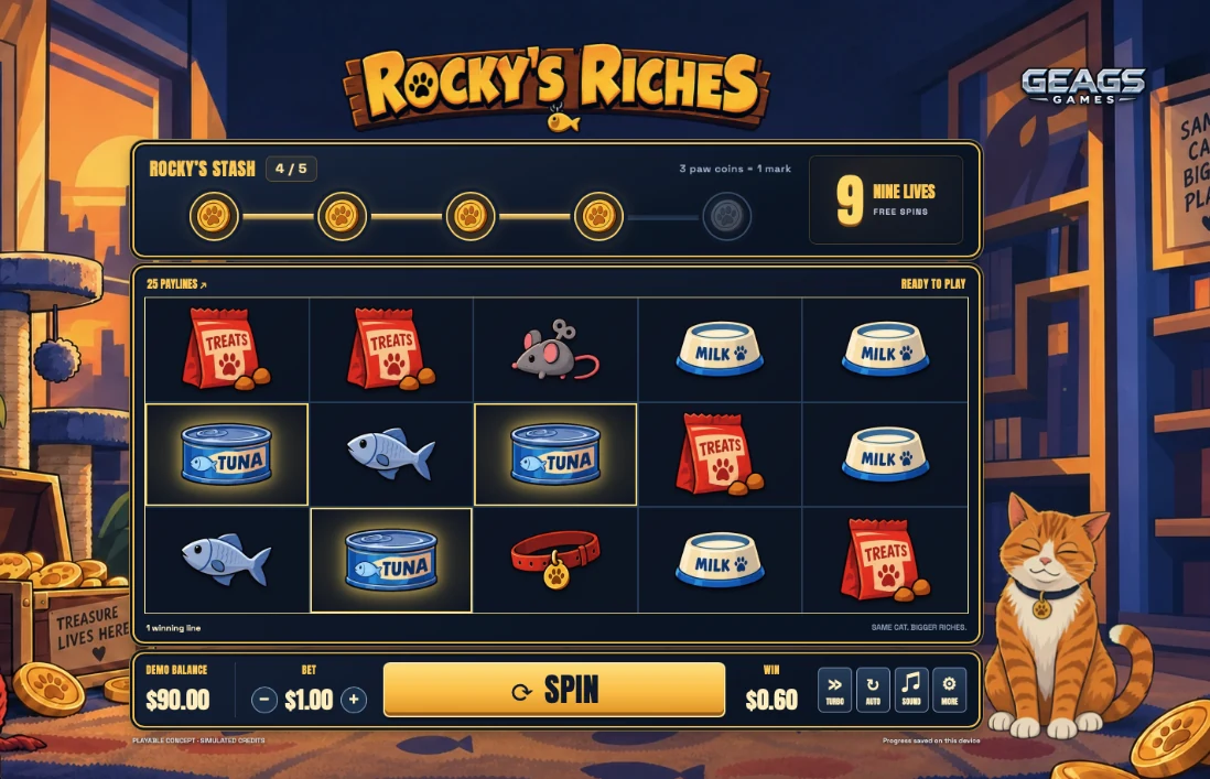 Rocky’s Riches slot game featuring Rocky the cat, paw coins, fish, mice, treats, milk, tuna, and collar symbols